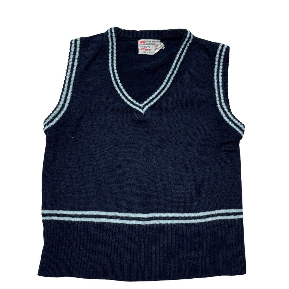 Vintage Kids 70s JCPenney Sweater Vest Medium 5-6 JR Blue Knit Made in Korea 90s